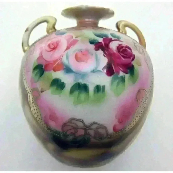 Vintage Nippon Floral Round Vase Handles Hand Painted Pink Roses Gold Gilt Bead
